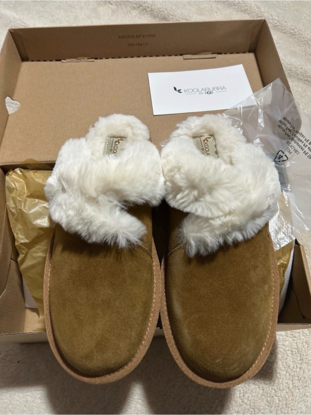 Koolaburra Chestnut Suede Slip-On Slippers with Cream Faux Fur Collar